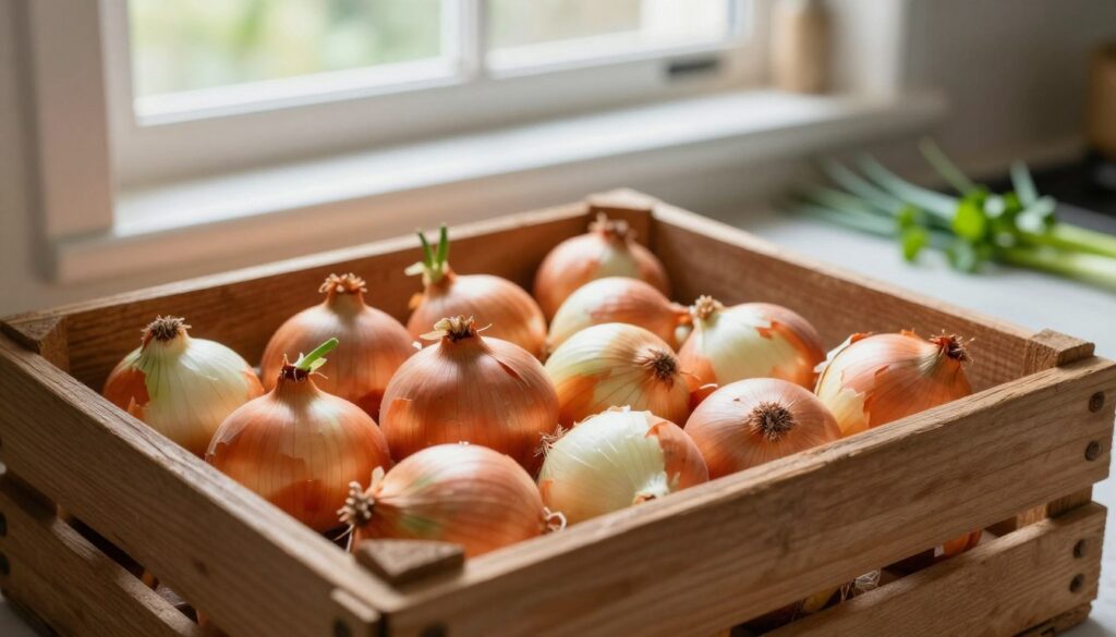 A rustic kitchen scene featuring freshly harvested onions stored in a well-ventilated, wooden crate. The onions are vibrant with golden-brown skins, some with green sprouting tops, while others remain intact. In the background, soft, natural light filters through a window, creating a warm and inviting atmosphere. Lightly dusted surfaces reflect a sense of organic freshness. On a nearby countertop, a few colorful herbs add a burst of green, enhancing the rustic charm. The overall composition evokes a sense of home cooking and longevity, emphasizing the best practices for maintaining onion freshness. Use a shallow depth of field to create a gentle blur on the background, focusing sharply on the onions and their storage environment, ideally captured from a slight overhead angle.