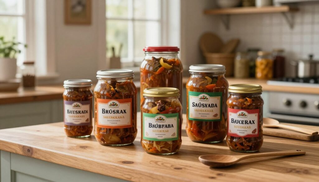 A rustic kitchen scene featuring several jars filled with bigos, a traditional Polish sauerkraut dish made with meats and vegetables, showcased on a wooden countertop. The jars should have colorful labels and be arranged neatly, with some jars open to display the rich, hearty stew inside. In the background, a softly lit kitchen with shelves that hold spices and preserved ingredients creates a warm atmosphere. Natural light streams in through a window, casting gently illuminated highlights on the jars. A few serving utensils like a wooden spoon and a cutting board are placed nearby, suggesting preparation and preservation. The overall mood is inviting and nostalgic, perfect for a cozy kitchen setting.