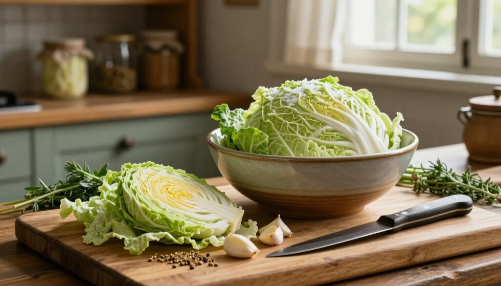 A rustic kitchen scene focused on the preparation of fermented cabbage. In the foreground, a wooden cutting board displays freshly chopped cabbage leaves and spices like caraway seeds and crushed garlic cloves, artfully arranged. A sharp knife lies nearby, glistening under soft, warm light that highlights the rich green and white hues of the cabbage. In the middle ground, a large ceramic bowl is filled with layers of salted cabbage, ready for fermentation, surrounded by natural elements like fresh herbs and rustic utensils. The background features a vintage wooden shelf filled with jars and kitchen tools, bathed in gentle sunlight filtering through a window, creating a cozy and inviting atmosphere that evokes the joy of home cooking.