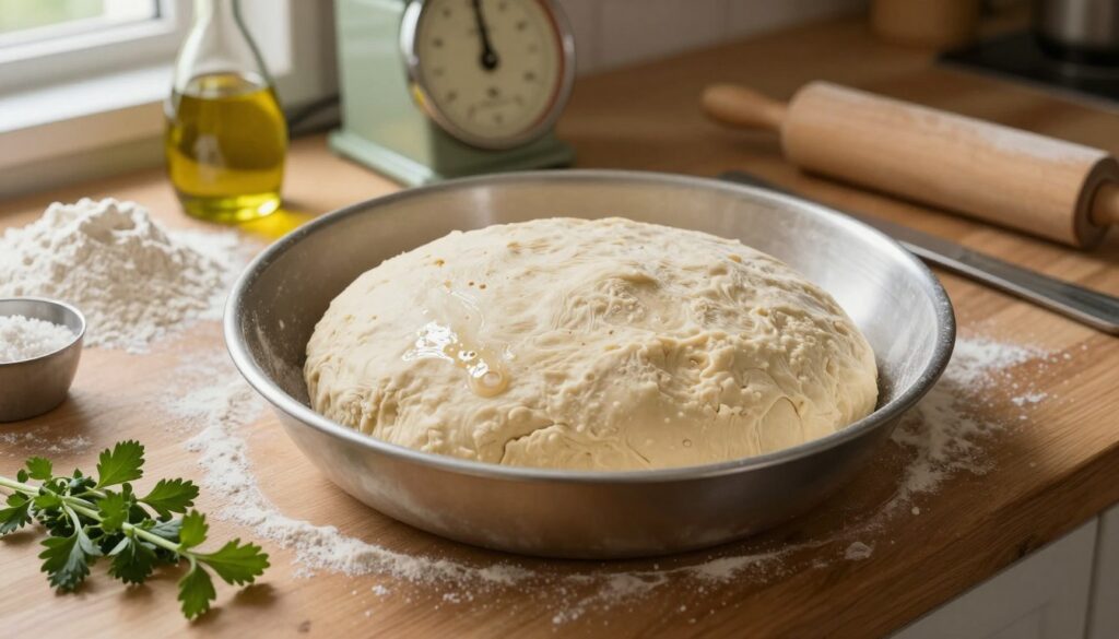 A rustic kitchen setting, featuring a wooden countertop with a large bowl of raw pizza dough. The dough is slightly sticky and has a textured surface, showing small air bubbles indicating fermentation. Surrounding the bowl are essential ingredients such as flour, olive oil, fresh herbs, and a measuring cup. In the background, a vintage kitchen scale and a rolling pin are subtly visible. Soft natural light filters through a nearby window, casting gentle shadows and highlighting the dough's sheen. The color palette consists of warm earth tones, creating a cozy and inviting atmosphere, perfect for illustrating the preparation of pizza dough before refrigeration or freezing. The image should be captured at a slightly elevated angle to provide a clear view of the dough and ingredients.