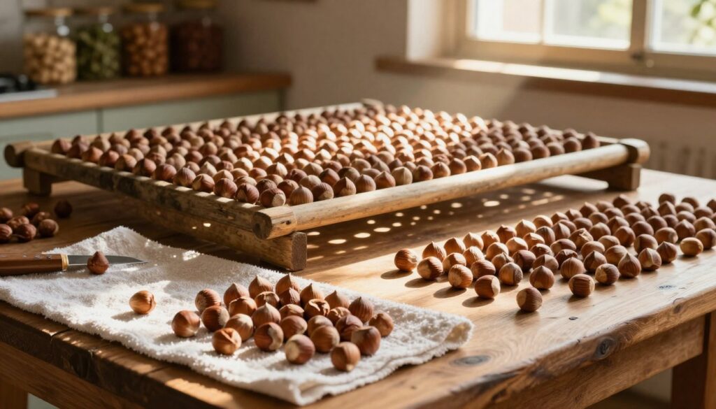 A rustic kitchen setting featuring the meticulous process of drying hazelnuts. In the foreground, a wooden table displays freshly washed hazelnuts, some on a towel absorbing moisture, while others are spread out for drying in the warm sunlight. The middle ground showcases a well-worn, traditional drying rack filled with hazelnuts, emphasizing their natural brown hues. Rays of golden sunlight filter through a window, casting soft shadows and creating a warm, inviting atmosphere. In the background, shelves with jars of various nuts and herbs hint at a cozy, homey feel. The overall mood is calm and serene, evoking a sense of careful preparation and appreciation for preserving these delicious nuts.