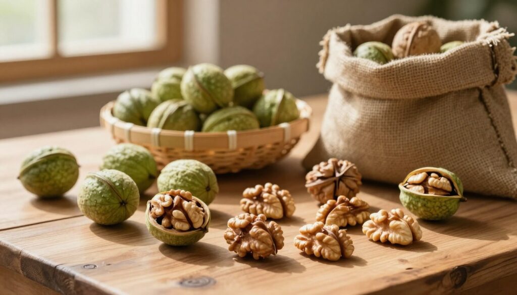 A rustic scene depicting the drying process of walnuts, arranged artistically on a wooden table. In the foreground, fresh walnuts with their green outer shells and some already shelled, showcasing their rich, brown inner texture. In the middle, a basket filled with walnuts sits beside a burlap sack, emphasizing the natural materials used for storage. In the background, soft, warm sunlight filters through a nearby window, creating a cozy, inviting atmosphere. Gentle shadows play across the table, suggesting the passage of time. The focus is sharp, with a slight bokeh effect on the background, capturing the essence of the walnut drying process while maintaining a serene and earthy mood.