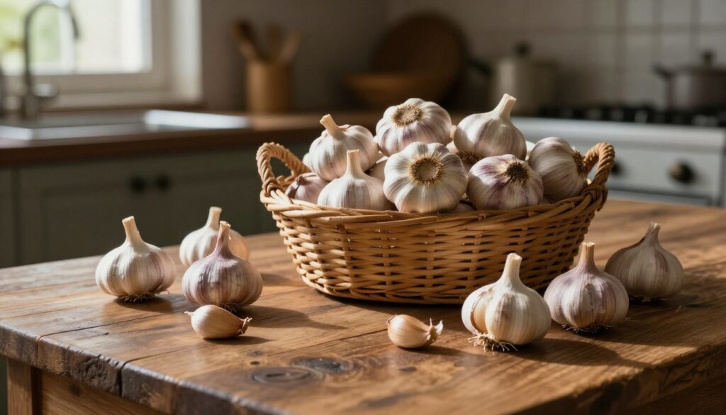 A rustic wooden kitchen table set as the foreground, adorned with fresh cloves of garlic still in their papery skins, some showing signs of sprouting and slight decay, showcasing the effects of aging. In the middle ground, a woven basket overflows with vibrant, undamaged garlic bulbs, set against a backdrop of an earthy, dark-toned kitchen, illuminated by the warm glow of soft, natural light coming through a nearby window. Shadows play gently across the table, enhancing the textures of the garlic and wood. The atmosphere is calm and homely, evoking a sense of care in food preservation, with an overall aesthetic that emphasizes natural colors and the importance of proper storage techniques for garlic.