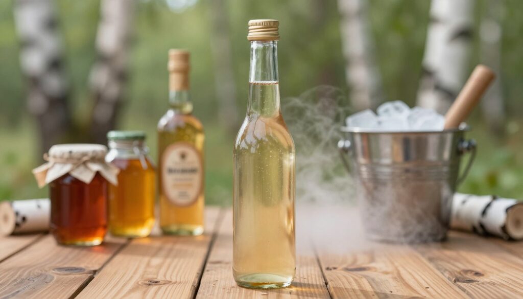 A serene glass bottle filled with fresh birch sap stands prominently in the foreground, light glistening off its surface. Behind it, subtle jars of birch syrup and birch vinegar are artfully arranged on a rustic wooden table. In the background, soft-focused greenery symbolizes the birch forest, enhancing the natural vibe. The warm, soft lighting creates an inviting atmosphere, highlighting the golden hue of the syrup and the transparency of the sap. A slight mist from ice melting in a vintage ice bucket adds a touch of elegance. The shot is captured at eye level with a shallow depth of field, providing a soft focus and emphasizing the delicate details of each bottle.