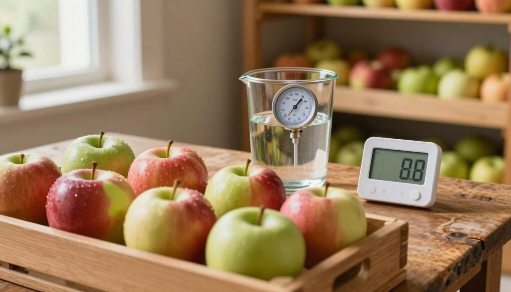 A serene indoor setting showcasing the ideal conditions for apple storage. In the foreground, a wooden crate filled with fresh, glossy apples, exhibiting bright red and green hues, is placed on a rustic table. The middle ground features a glass container of water with a hygrometer inside, indicating the precise humidity level, while a digital thermometer displays the optimal temperature. The background is softly blurred, showing shelves stocked with other fruits kept at a distance, emphasizing the importance of separation. Warm, natural lighting streams through a nearby window, creating a cozy atmosphere that suggests freshness and care in fruit storage. The perspective is slightly above eye level, capturing the details of the apples and storage setup, inviting viewers to appreciate the ideal conditions depicted.