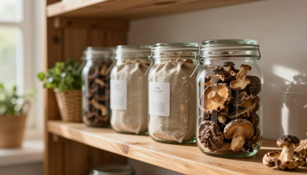 A serene interior scene focused on a cozy kitchen shelf displaying dried mushrooms in glass jars, emphasizing the ideal storage conditions. In the foreground, a beautifully preserved jar of dried mushrooms, showcasing their texture and rich colors, is prominently placed on a rustic wooden shelf. The middle layer includes additional jars and cloth bags with a subtle hint of moisture control packets. Soft, warm natural light filters in from a window, casting gentle shadows, highlighting the earthy tones. The background features soft, blurred kitchen elements like a basket of herbs and a potted plant, creating a fresh and natural atmosphere. The overall mood is inviting and informative, suggesting a safe and suitable environment for preserving dried food.