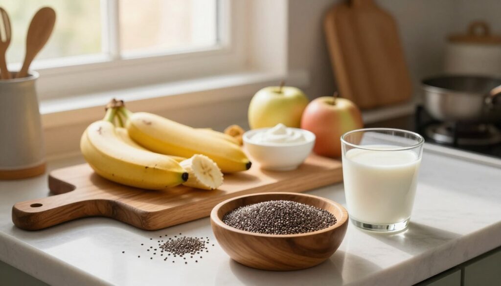 A serene kitchen countertop scene showcasing various egg substitutes for baking. In the foreground, there is a wooden bowl filled with chia seeds and a small glass of almond milk, symbolizing popular egg replacements. The middle ground features a cutting board with mashed bananas, applesauce, and a small dish of yogurt, artfully arranged for visual appeal. In the background, a sunlit window casts a warm glow, illuminating a rustic kitchen with baking tools and ingredients neatly placed. The atmosphere is inviting and creative, inspiring home bakers. The image is shot with a soft focus lens, capturing rich textures and warm colors, suggesting a cozy, productive baking environment.