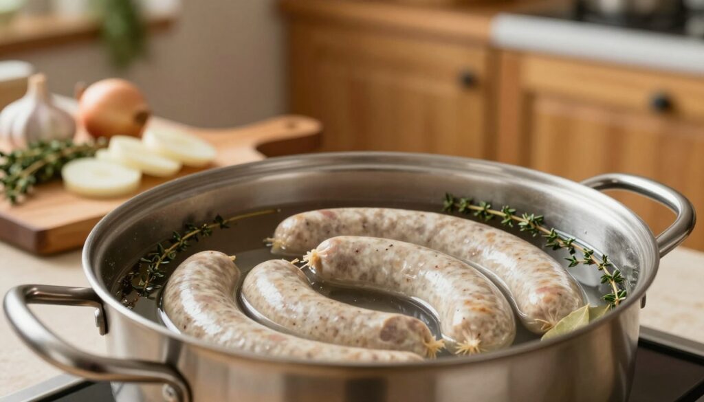 A serene kitchen scene featuring a pot of white sausage (białą kiełbasę) gently submerged in a simmering water bath, showcasing the technique of "parzenie" instead of boiling. In the foreground, the sausage, elegantly coiled, is surrounded by sprigs of fresh herbs like thyme and bay leaves, hinting at the flavor infusion. The cooking pot, made of stainless steel and polished to a shine, captures the warm, soft light. In the middle, there is a rustic wooden cutting board with slices of complementary ingredients, such as garlic and onions, adding a homey touch. The background softly blurs out, showing a cozy kitchen with herbs hanging and warm-toned cabinets, creating a comforting and inviting atmosphere. Aim for a close-up perspective, highlighting both the sausage and the rich details of the kitchen setting.