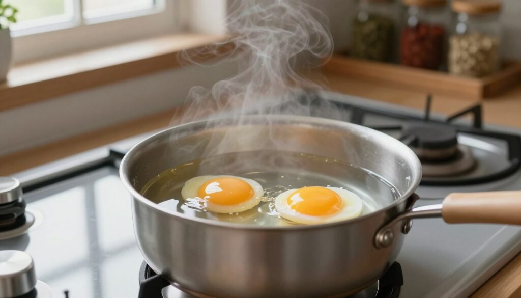 A serene kitchen scene featuring two medium-sized eggs resting in a small pot filled with cold water, ready to be cooked. The foreground showcases the gleaming surface of the water, reflecting soft, natural light coming from a nearby window. In the middle ground, the pot sits on a modern stovetop, with subtle steam beginning to rise from the water, signaling the heat. The background includes a cozy kitchen ambiance with rustic wooden shelves stocked with spices and herbs. The mood is calm and inviting, evoking a sense of simplicity and warmth in the culinary process. The composition captures the essence of starting with cold water, emphasizing the importance of this method in achieving perfectly soft-boiled eggs.