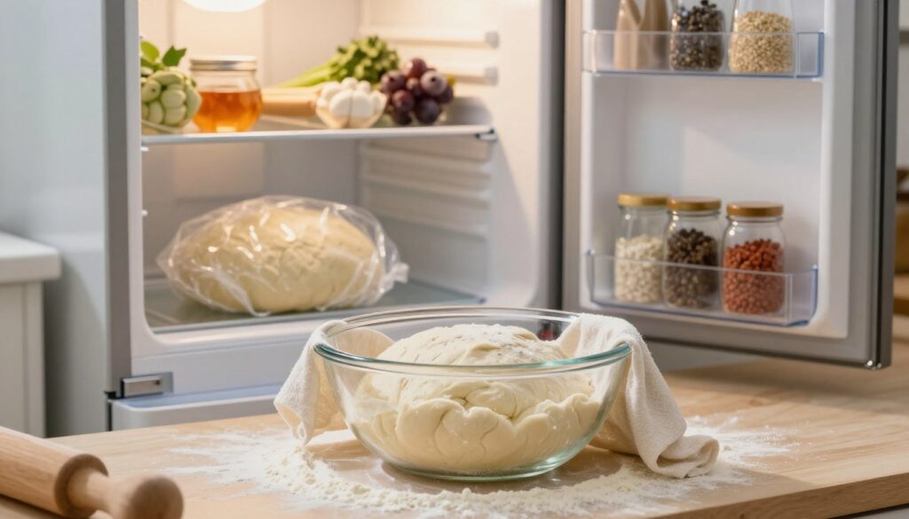 A serene kitchen scene focused on storing yeast dough. In the foreground, a clear glass bowl covered with a damp cloth holds a fluffy dough rising gently, surrounded by flour-dusted countertops. In the middle ground, a well-organized fridge door is open, showing a well-wrapped dough ball in plastic wrap, snugly placed next to fresh ingredients. Soft, natural lighting filters through a nearby window, illuminating the dough and enhancing the kitchen's warm atmosphere. Behind the fridge, shelves display neatly arranged baking utensils and jars of spices. The mood is inviting and cozy, evoking a sense of home baking, with an emphasis on freshness and proper storage techniques.