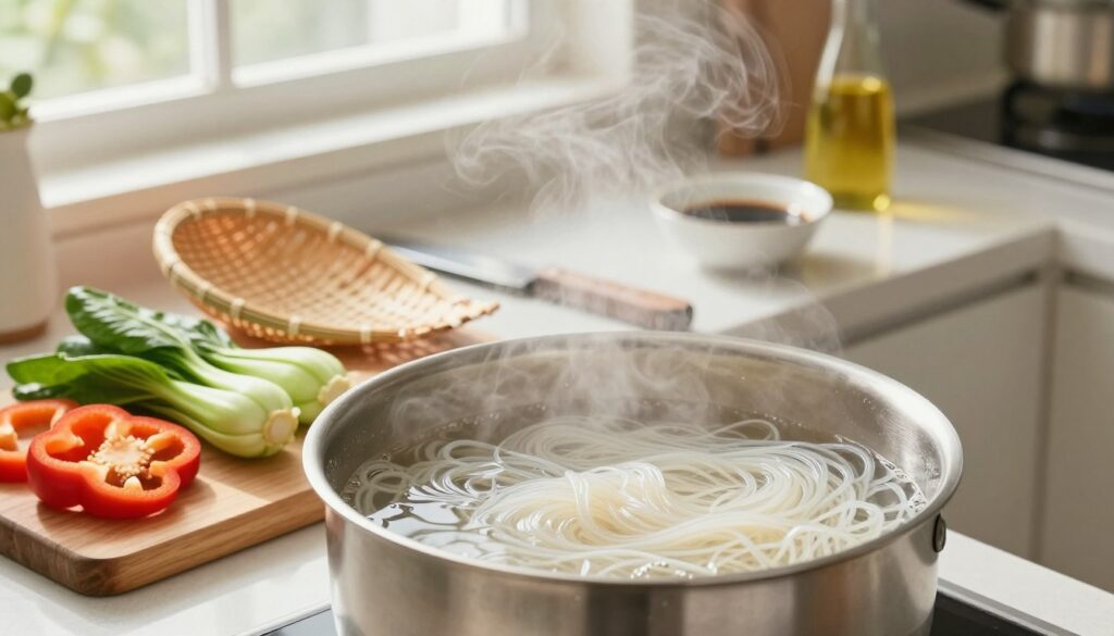 A serene kitchen scene showcasing the process of cooking rice noodles. In the foreground, a close-up view of a pot filled with boiling water, steam rising gracefully, and delicate strands of rice noodles submerged halfway. Brightly colored fresh vegetables, like bell peppers and bok choy, are sliced and arranged on a wooden cutting board on the side. In the middle, a well-organized countertop with a bamboo strainer, knife, and small bowls of soy sauce and sesame oil, adding detail to the culinary setting. The background features a softly lit window with natural light filtering in, illuminating the scene with a warm, inviting atmosphere. The overall mood should evoke a sense of calm and focus, perfect for a home cooking guide.
