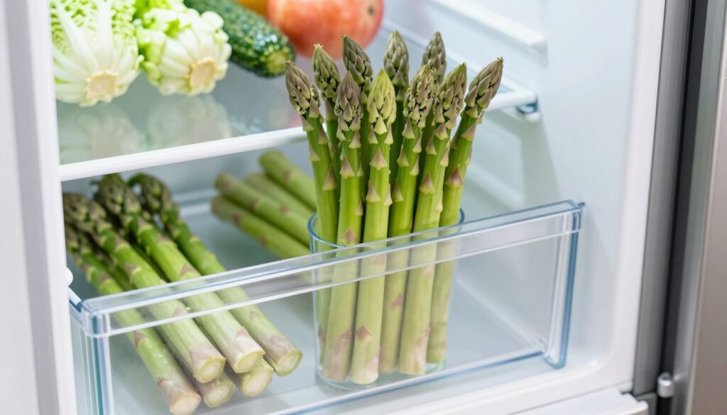 A sleek and modern refrigerator interior, showcasing fresh asparagus stocked neatly in a transparent crisper drawer. The asparagus, vibrant green and freshly trimmed, stands upright in a small container filled with water, resembling the “flower” method of storage. Soft natural light filters through the fridge door, illuminating the crisp freshness of the vegetables. In the background, a few other vegetables are subtly blurred to emphasize the asparagus as the focal point. The overall atmosphere is clean and refreshing, conveying the idea of optimal food storage. The angle is slightly above eye-level to provide a clear view of the arrangement, highlighting the attention to detail in preserving freshness.