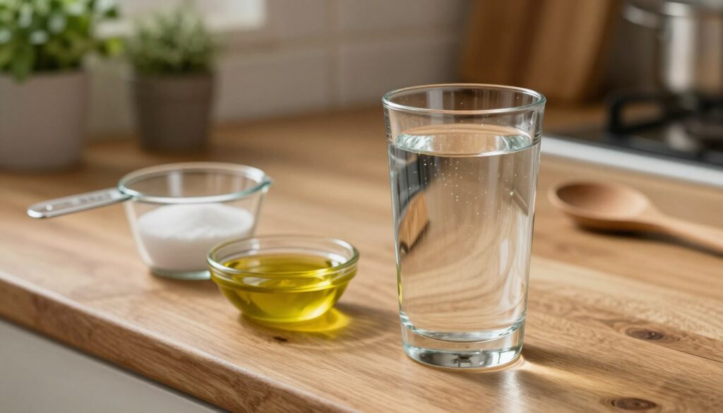 A sleek glass of water placed on a rustic wooden kitchen counter, showcasing the precise proportions needed for preparing couscous. In the foreground, the glass is filled with clear, sparkling water, glistening under soft, warm kitchen lighting, casting subtle reflections. In the middle ground, a measuring cup filled with salt and a small dish of olive oil are arranged neatly beside the glass, emphasizing the essential ingredients. The background features soft-focus elements of a cozy kitchen setting, with herbs in pots and a wooden spoon lying nearby, suggesting a calm and inviting cooking atmosphere. The overall mood should convey a sense of warmth and practicality, ideal for culinary preparation.