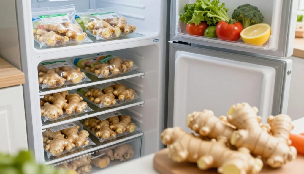 A spacious, well-organized kitchen featuring an open freezer filled with neatly packed ginger roots. In the foreground, a close-up view of a partially harvested ginger root, its rugged texture highlighted by soft, natural lighting. The middle ground showcases the freezer, with clear bags labeled for easy identification, radiating a sense of efficiency and freshness. In the background, a colorful assortment of fresh vegetables adds a lively touch to the kitchen setting. The atmosphere is bright and inviting, with a warm color palette that emphasizes cleanliness and organization. The scene is captured from a slightly elevated angle to provide a comprehensive view, ensuring focus on the ginger storage method while evoking a sense of practicality and homey comfort.
