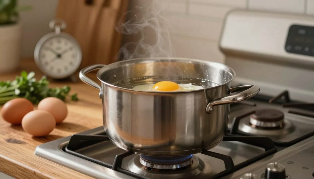 A stainless steel pot filled with water, gently simmering on a gas stove, is the focal point of the image. In the foreground, the pot is centered, reflecting the soft glow of kitchen lighting, creating a warm atmosphere. Surrounding the pot, a few fresh, unbroken eggs sit on a rustic wooden countertop, hinting at the cooking process. The middle ground showcases a blurred kitchen setting with a hint of herbs and a cooking timer, emphasizing the preparation for soft-boiled eggs. The background is softly illuminated, suggesting a cozy kitchen environment. The lighting is warm and inviting, creating a serene yet dynamic cooking scene, ideal for illustrative culinary content.