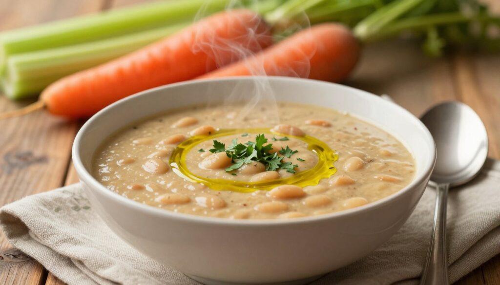 A steaming bowl of creamy bean soup, rich and thick, garnished with a sprinkle of fresh herbs and a drizzle of olive oil. In the foreground, the bowl is elegantly placed on a rustic wooden table with a linen napkin beside it. In the middle, a spoon rests gently against the bowl, reflecting the soft glow of warm, diffused lighting that highlights the smooth texture of the soup. In the background, blurred, colorful vegetables like carrots and celery are artfully arranged, evoking the fresh ingredients used in the recipe. The overall atmosphere is warm and inviting, perfect for a cozy meal. Captured with a shallow depth of field to focus on the soup, creating an appetizing and comforting mood.