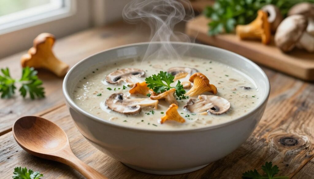 A steaming bowl of creamy mushroom soup made from fresh mushrooms, garnished with delicate fresh herbs like parsley. The soup is rich and velvety, showcasing a variety of mushrooms such as chanterelles and porcini floating on the surface, creating a rustic, earthy appeal. In the foreground, a wooden spoon rests on a rustic, textured wooden table, emphasizing a home-cooked atmosphere. In the background, blurred kitchen elements like a chopping board with more fresh mushrooms and herbs enhance the scene's authenticity. Soft, natural lighting streams through a window, casting gentle shadows and highlighting the soup’s textures. Capture a cozy, inviting mood that embodies the joy of cooking and savoring a traditional dish. No text or overlays.