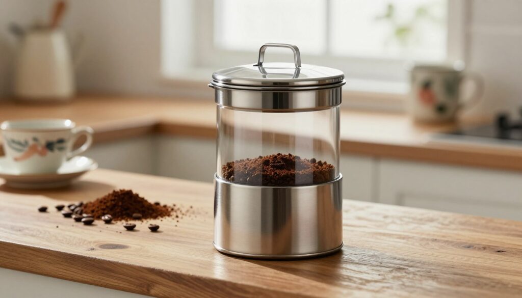 A stylish coffee container designed for optimal storage, featuring a sleek metal body with an airtight seal and transparent glass lid. In the foreground, the container stands on a rustic wooden countertop, showcasing its elegant curves and polished finish. The middle section includes scattered coffee beans and a soft-focus coffee grind, emphasizing the theme of freshness. The background features softly blurred kitchen elements, such as hand-painted ceramic mugs and a bright window allowing gentle, diffused natural light to filter through, creating a warm and inviting atmosphere. The scene conveys a sense of calm and sophistication, highlighting the importance of proper coffee storage to maintain flavor and prevent exposure to light.