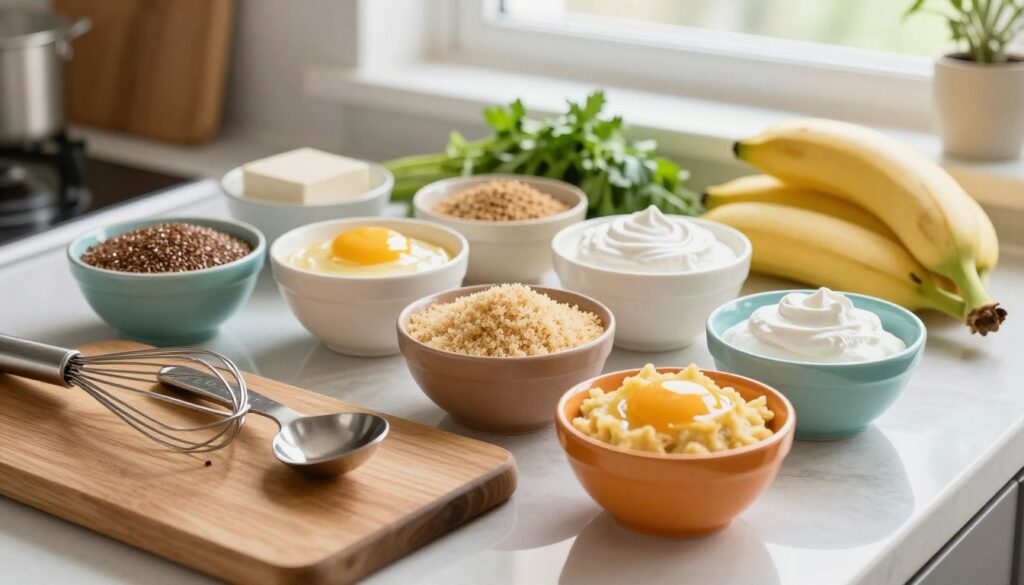 A stylish kitchen countertop featuring various egg substitutes for breading, including flaxseeds, mashed bananas, aquafaba, and breadcrumbs in colorful bowls. In the foreground, a wooden cutting board with a whisk and measuring spoons, reflecting a homey cooking atmosphere. In the middle, an array of natural ingredients like silken tofu and nutritional yeast, complemented by fresh herbs and spices, creating a vibrant and inviting scene. The background should include soft natural lighting coming from a window, highlighting the textures and colors of the ingredients. The mood is warm and encouraging, showcasing a creative and inclusive approach to cooking without eggs. The composition is well-balanced, ensuring no distractions from the subject matter.