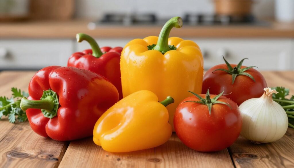 A vibrant and colorful arrangement of fresh ingredients for classic leczo: bright red and yellow bell peppers, ripe red tomatoes, and white onions, artistically displayed on a rustic wooden table. The scene is illuminated by soft, natural lighting highlighting the glossy textures of the vegetables, creating an inviting atmosphere. In the background, a gently blurred kitchen setting adds warmth and context, featuring subtle hints of herbs. The composition focuses on a close-up view, capturing the freshness and vivid colors of the ingredients, evoking a sense of culinary inspiration and homely comfort. The overall mood is lively and appetizing, perfect for showcasing the essential components of a traditional dish.