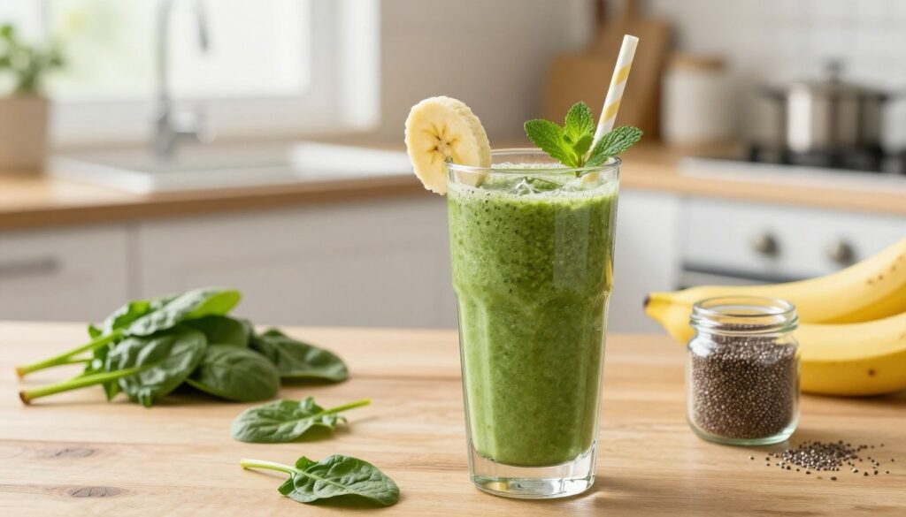A vibrant and refreshing green smoothie made with fresh spinach, ripe bananas, and a splash of almond milk, placed in a tall, clear glass with a straw. The foreground features the smoothie, garnished with a slice of banana and a sprig of mint. In the middle, a wooden table provides a warm, rustic setting, adorned with scattered ingredients like spinach leaves, bananas, and a small jar of chia seeds. The background showcases a bright kitchen with soft daylight pouring in through a window, creating a cheerful and inviting atmosphere. Capture the essence of health and vitality, highlighting the appeal of nutritious breakfast options. Use a shallow depth of field to bring the smoothie into sharp focus, while softly blurring the background.