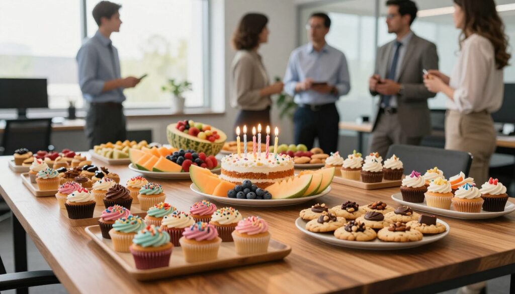 A vibrant assortment of snacks laid out elegantly on a polished wooden table, showcasing a variety of sweet and savory treats perfect for an office birthday celebration. In the foreground, focus on colorful cupcakes with sprinkles, neatly arranged next to delicate cookie platters topped with chocolate and nuts. The middle of the image features a fresh fruit display, including sliced melons, berries, and a decorative centerpiece of a birthday cake adorned with candles, suggesting a festive atmosphere. In the background, soft natural lighting filters through large office windows, casting a warm glow over the scene, while a few professional employees in business attire are gathered, engaging in light conversation and enjoying the treats. The overall mood is cheerful and inviting, perfect for a workplace celebration.