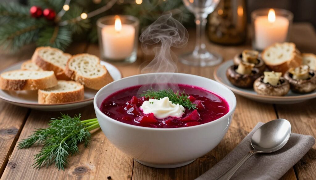 A vibrant bowl of traditional Polish barszcz czerwony (beet soup) sits at the center of a rustic wooden table, steam gently rising from the deep red liquid. Surrounding the bowl are elegant, seasonal garnishes such as fresh dill and a dollop of sour cream, reflecting the essence of a festive setting. To one side, a plate holds various homemade accompaniments, demonstrating alternative additions to uszki, like crispy breadsticks and stuffed mushrooms. Soft, ambient candlelight creates a warm, inviting atmosphere, enhancing the deep crimson color of the soup. In the background, a softly blurred table adorned with holiday decorations and elegant tableware hints at a cozy winter evening, evoking a mood of celebration and togetherness. The scene is captured in a warm, inviting light, with a slightly elevated angle to bring focus on the bowl and its delicious details.