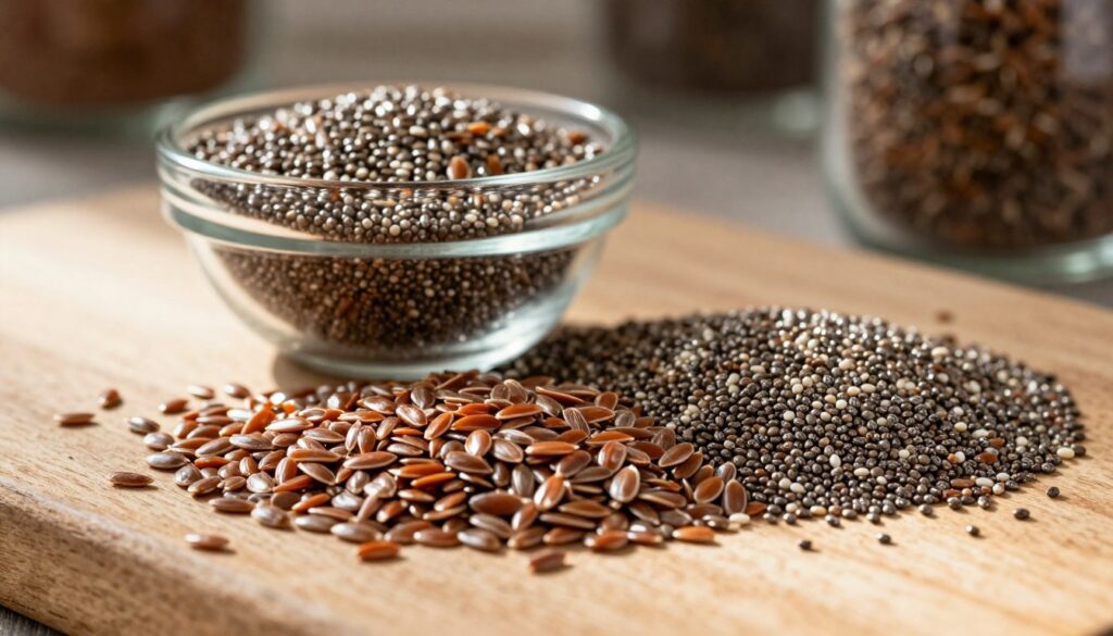 A vibrant, close-up composition featuring a mix of flaxseeds and chia seeds, artfully arranged on a rustic wooden surface. The foreground showcases the distinct textures of the seeds—flaxseeds with their shiny, reddish-brown hue contrasting with the tiny, black and white chia seeds. In the middle ground, place a small glass bowl filled with a seed mixture, with sunlight streaming in from the side, creating soft shadows and highlighting the glistening surfaces. In the background, a blurred kitchen setting with earthy tones enhances the natural and wholesome atmosphere. The overall mood is inviting and nutritious, perfect for an article about healthy cooking alternatives, emphasizing a modern and natural lifestyle. The lighting is warm and soft, creating an appetizing and comforting scene.