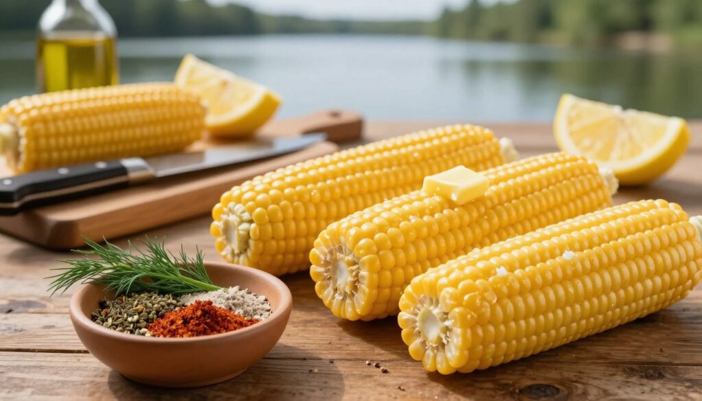 A vibrant, close-up view of corn cobs, freshly cooked and glistening with butter, arranged artfully on a rustic wooden table. In the foreground, a small bowl filled with an array of aromatic spices and herbs, such as dill, garlic powder, and smoked paprika, complementing the golden corn. The midground features a wooden cutting board with a chef's knife and additional ingredients like lemon wedges and olive oil, hinting at the preparation for a delicious bait. Soft, warm lighting creates a cozy atmosphere, highlighting the textures of the corn and the seasonings. In the background, a blurred image of a natural setting, perhaps a tranquil lake or river, evokes a peaceful mood, suggesting the perfect location for fishing.