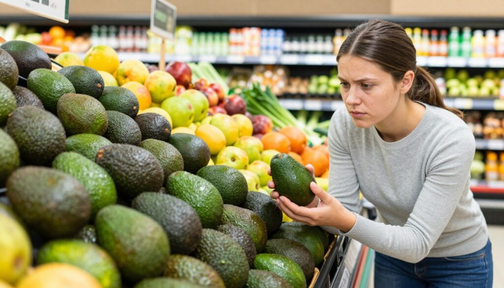 A vibrant, detailed grocery store scene featuring a well-organized produce section. In the foreground, a shopper carefully inspects avocados, holding one in hand to examine its ripeness, with a look of determination and interest. The avocados are displayed in enticing clusters, showcasing their varying shades of green, some ripe and ready to eat, while others are still firm. The middle ground features a colorful array of fruits and vegetables, enhancing the freshness of the environment, under bright, natural lighting that highlights the textures of the produce. In the background, shelves filled with other fresh groceries create a wholesome atmosphere. The angle is slightly above, providing a comprehensive view of both the shopper and the vibrant display of avocados, evoking a sense of freshness and culinary inspiration.