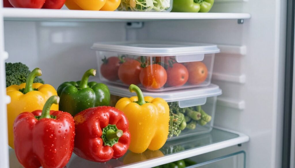 A vibrant display of fresh bell peppers in varying colors—red, yellow, and green—arranged neatly in the crisp section of a modern refrigerator. The foreground features a close-up view of the peppers, showcasing their glistening skin with droplets of water, conveying freshness. In the middle, a refrigerator shelf lined with a clear, organized storage container specifically designed for vegetables is visible, emphasizing a tidy environment. The background reveals softly blurred shelves stocked with other fresh produce, hinting at an organized kitchen. Natural light streams in, creating a bright and inviting atmosphere, with shadows softly outlining the peppers for depth. Capture a composition at a slight angle to suggest optimal storage practices, evoking a sense of care for food preservation.