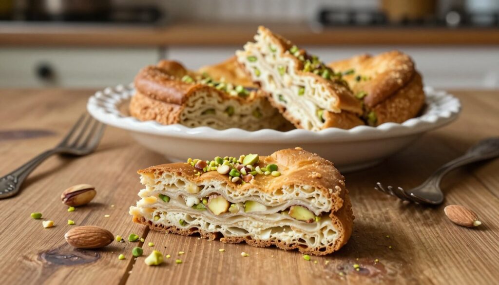 A vibrant display of traditional chałwa on a rustic wooden table, emphasizing its soft, crumbly texture and rich color variations ranging from light beige to deep golden brown. In the foreground, a delicate slice of chałwa, revealing its layered structure, with a scattering of crushed nuts like pistachios and almonds accentuating its surface. The middle ground features a beautifully crafted ceramic dish holding several pieces of chałwa, while antique utensils are arranged neatly beside it. The background showcases a softly blurred kitchen setting with warm, ambient lighting, highlighting the homey atmosphere. The image feels inviting and conveys the essence of preserving freshness, making it aesthetically pleasing and relevant to the topic of chałwa's flavor and texture preservation.