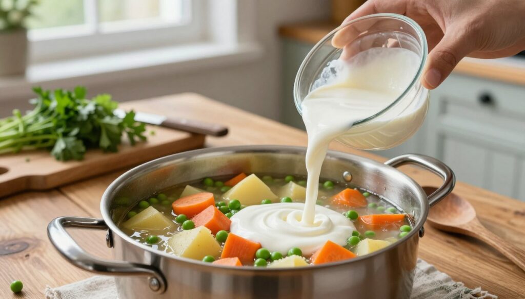A vibrant image showcasing a traditional Polish vegetable soup ("zupa jarzynowa") being prepared, with a focus on the process of adding cream ("zabielanie śmietaną"). In the foreground, a gleaming stainless steel pot filled with colorful, fresh vegetables like carrots, potatoes, and green peas, gently simmering. A wooden spoon rests beside the pot, while a glass bowl of smooth, white cream is being poured in, creating elegant swirls. In the middle ground, a rustic wooden table set with fresh herbs, a small cutting board, and a knife adds warmth. The background features a cozy kitchen with soft, natural light streaming in through a window, creating an inviting atmosphere. The scene conveys the comforting essence of home cooking and the art of creating a creamy, lump-free soup.