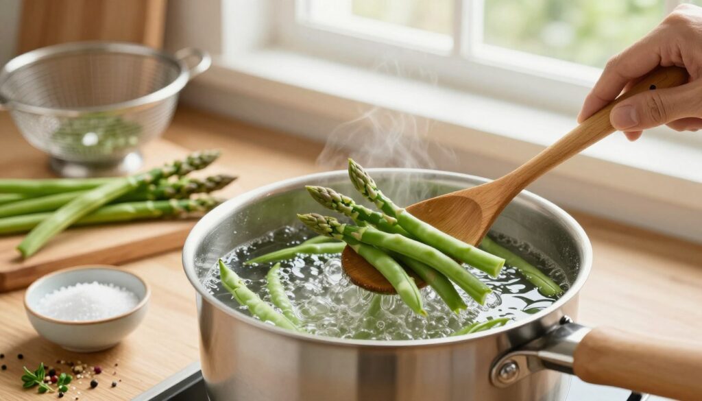 A vibrant kitchen scene focusing on the process of boiling green beans. In the foreground, a pot of water is bubbling, with fresh, bright green asparagus beans being added with a wooden spoon. To the side, a small bowl of salt and an array of herbs and spices add color and flavor possibilities, emphasizing the importance of taste. The middle ground features a wooden countertop adorned with kitchen tools like a strainer and a ladle. In the background, natural light streams through a window, creating a warm and welcoming atmosphere, highlighting the freshness of the beans. The overall mood is lively and inviting, perfect for a cooking demonstration, with soft focus on the kitchen elements to enhance the central action of cooking.