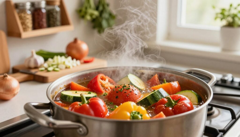 A vibrant kitchen scene showcasing a pot of leczo simmering on the stove, filled with a colorful array of fresh ingredients. In the foreground, a close-up of the steaming pot highlights chunks of bell peppers, tomatoes, and zucchini, glistening with flavorful herbs. In the middle ground, a wooden cutting board displays freshly chopped ingredients, including garlic and onion, with a few utensils scattered around. The background features a warm, inviting kitchen with soft lighting pouring in through a window, illuminating a spice rack and hanging herbs. The overall mood is cozy and appetizing, evoking a sense of home-cooked comfort. The composition is thoughtfully arranged to present an enticing, flavorful dish.