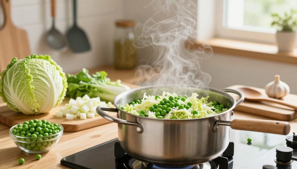 A vibrant kitchen scene showing the process of cooking cabbage and peas. In the foreground, a stainless steel pot is simmering on the stove, filled with bright green peas and shredded cabbage, steam gently rising from the pot. Fresh ingredients, such as a head of cabbage and a bowl of peas, are artfully arranged on a wooden countertop. In the middle ground, a chopping board displays diced onions and garlic, with a wooden spoon resting beside the pot ready to stir the mixture. The background features soft, warm lighting that creates a cozy atmosphere, with kitchen utensils hanging and a window letting in natural light. The focus is on the vibrant colors and textures, conveying the idea of preparing a healthy, satisfying meal.