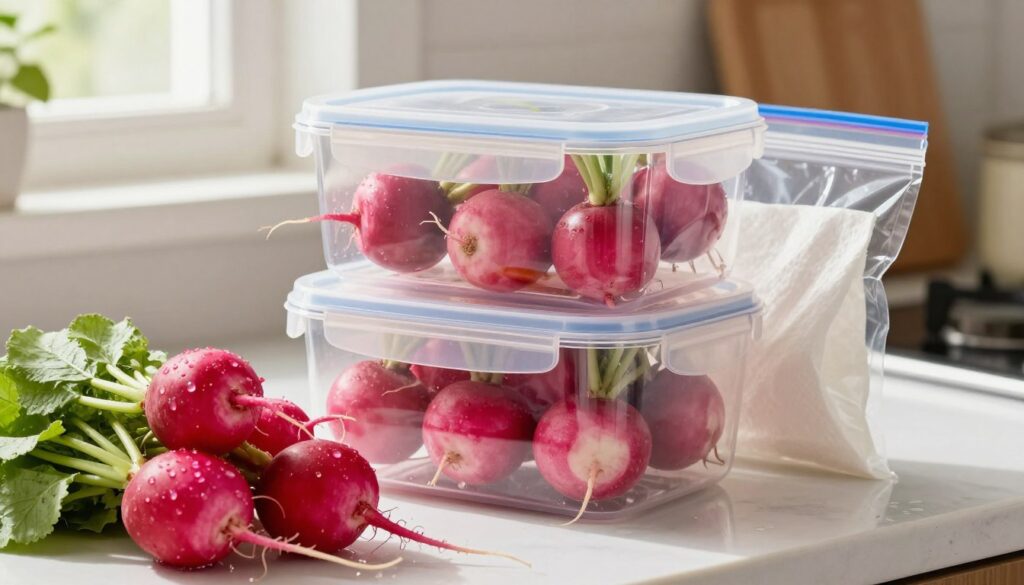 A vibrant, organized kitchen countertop featuring the best container for storing radishes, made of clear, durable plastic with a secure lid. In the foreground, a bunch of fresh, crisp radishes can be seen, glistening with droplets of water, highlighting their freshness. The middle layer shows the container filled with moist paper towels that help maintain the radishes' crispness, with a zip-lock bag in close proximity, hinting at moisture retention techniques. The background should have soft, natural light coming from a nearby window, creating a warm and inviting atmosphere in the kitchen. The overall mood should feel fresh and homey, emphasizing the importance of proper storage.