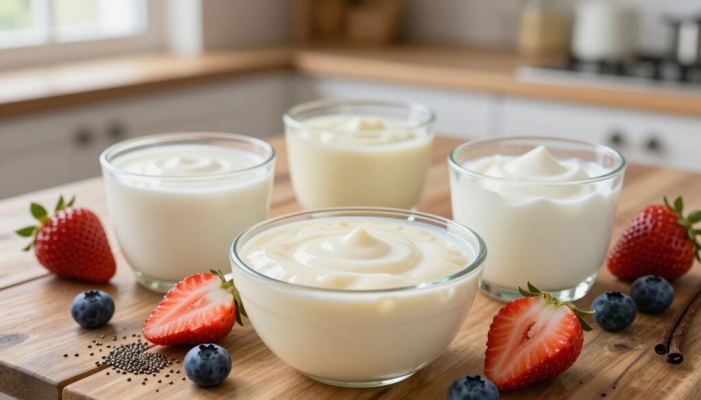 A visually appealing arrangement of dairy alternatives for pudding substitutes, featuring creamy textures and vibrant colors. In the foreground, a bowl of silky almond milk pudding sits elegantly, surrounded by small cups of smooth coconut cream, rich cashew yogurt, and thick Greek yogurt, all glistening in the soft light. The middle ground showcases fresh fruits like strawberries and blueberries artistically arranged around the bowls, enhancing the creamy effect. The background consists of a rustic wooden kitchen table with scattered ingredients like chia seeds and vanilla beans, softly illuminated by warm, natural light coming from a nearby window. The atmosphere is inviting and homely, evoking a sense of comfort and culinary creativity. The image should have a shallow depth of field, drawing attention to the textures and colors of the dairy alternatives.