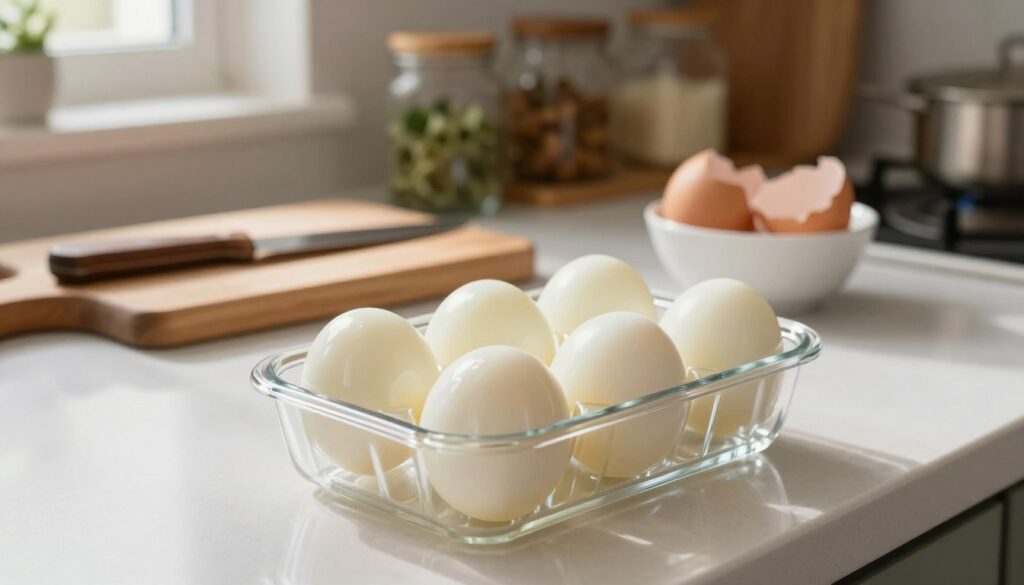 A visually appealing kitchen scene featuring a clean countertop with several freshly cooked, peeled hard-boiled eggs in a clear, decorative container. The foreground focuses on the eggs, showcasing their smooth, glossy surfaces and light yellow yolks. In the middle, include a wooden cutting board with a small knife and a bowl of eggshells, suggesting preparation for storage. The background features a soft-focus view of kitchen shelves filled with jars and herbs, enhancing a homely atmosphere. Warm, natural lighting from a window casts gentle shadows, creating a cozy and inviting mood. The angle is slightly overhead, providing a clear view of both the eggs and the surrounding kitchen elements.
