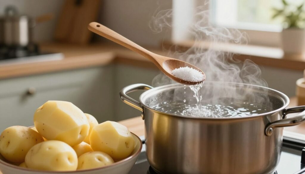 A visually appealing kitchen scene featuring a pot of freshly peeled potatoes being prepared for boiling. The foreground displays a close-up of the potatoes in a bowl next to a contrasting pot filled with cold water, alongside another pot steaming with boiling water. In the middle, show a wooden spoon and a pinch of salt ready to be added, emphasizing the cooking process. The background features a cozy kitchen setting with warm light casting soft shadows, creating an inviting atmosphere. A window can be seen with soft natural light filtering through, enhancing the homey feel. Capture the subtle steam rising from the boiling pot, suggesting readiness and warmth, while focusing on the textures of the ingredients.