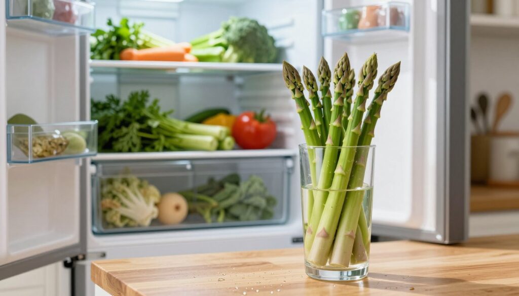 A visually appealing kitchen scene focused on alternative methods for storing asparagus in a refrigerator, emphasizing fresh, green asparagus spears placed upright in a glass of water like flowers. The foreground features the glass on a wooden countertop, with droplets of water glistening on the surface. In the middle, a well-organized refrigerator shelf is visible, filled with fresh vegetables, herbs, and neatly packaged items, creating a bright and inviting atmosphere. Soft, natural lighting filters in from a nearby window, casting gentle shadows. The background includes hints of kitchen utensils and decor, enhancing the cozy and homely feeling of the scene. Overall, the image conveys freshness, creativity, and practicality in vegetable storage.