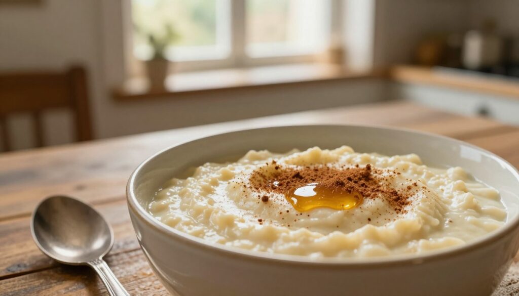 A warm bowl of creamy "kasza manna na mleku" positioned prominently in the foreground, topped with a sprinkle of cinnamon and a drizzle of honey. The texture should be invitingly smooth, showcasing the rich, velvety consistency, and hinting at its comforting, nostalgic flavor. In the middle ground, a rustic wooden table with a vintage spoon lies beside the bowl, subtly suggesting a homey kitchen setting. In the background, softly blurred, a window reveals a sunlit kitchen, casting gentle, warm lighting that enhances the inviting atmosphere. The scene evokes a sense of warmth and nostalgia, reminiscent of childhood meals, with an overall focus on the traditional yet comforting dish.