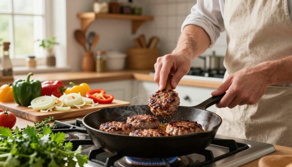 A warm, cozy kitchen scene featuring a chef in modest casual clothing, expertly frying juicy meat patties in a cast-iron skillet on a stovetop. The foreground captures the sizzling patties, golden brown and glistening with oil, while fresh herbs like parsley and thyme are scattered around for garnish. In the middle ground, a wooden cutting board holds ample accompaniments such as sautéed onions and colorful bell peppers, emphasizing a vibrant and inviting meal prep process. The background showcases rustic kitchen elements like wooden shelves filled with spices and utensils, illuminated by soft, natural light streaming through a window. The atmosphere is cheerful and inviting, conveying a sense of home-cooked warmth and culinary creativity.
