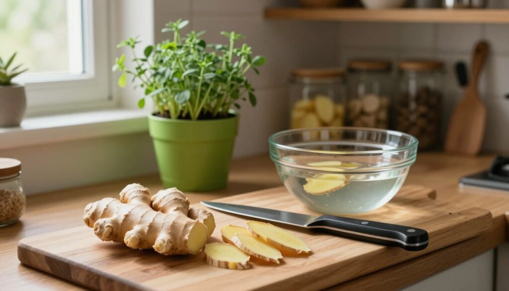 A warm, inviting kitchen scene focused on the preparation of fresh ginger for storage. In the foreground, a wooden cutting board holds pieces of peeled ginger, showing its textured surface. A sharp chef's knife lies nearby, glinting under soft, natural light coming from a window. In the middle, a vibrant, green herb pot adds freshness, while a glass bowl filled with water for soaking ginger is positioned invitingly. The background features rustic wooden shelves lined with various kitchen jars and tools, creating a cozy atmosphere. The lighting is warm and soft, creating an inviting and homely mood, perfect for illustrating the process of preserving ginger effectively. The angle is slightly elevated, offering a comprehensive view of the preparation space.