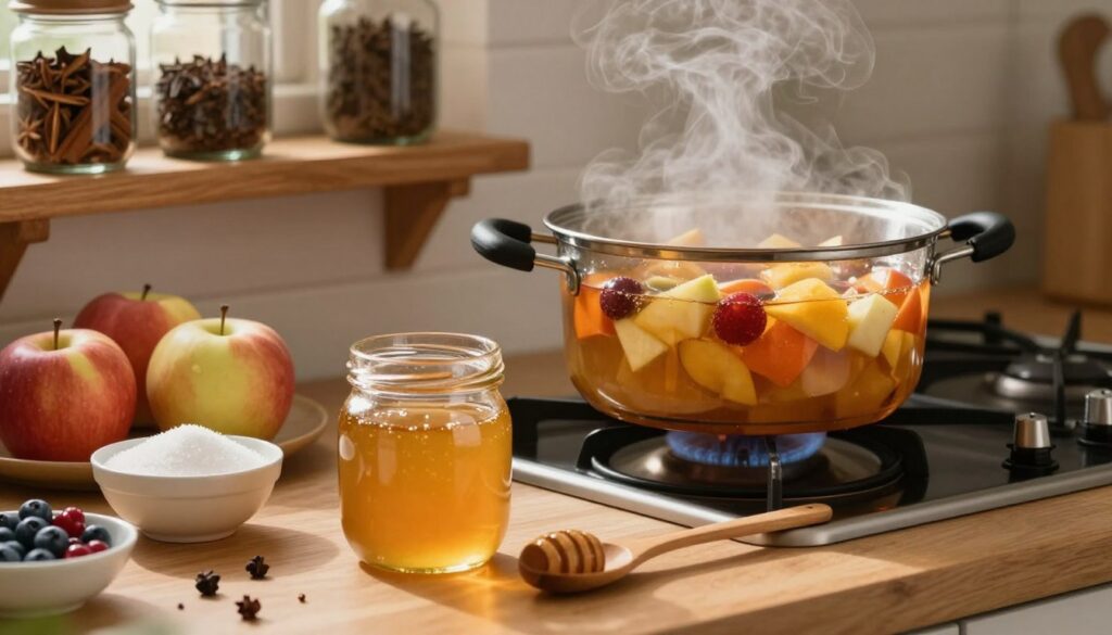 A warm, inviting kitchen setting focused on the process of sweetening a fruit compote. In the foreground, a glass jar filled with honey and a wooden spoon resting beside it, showcasing natural sweeteners. To the left, a small bowl with granulated sugar and fresh fruits like apples and berries, indicating the ingredients used for compote. In the middle, a steaming pot on the stove, filled with colorful simmering fruits, releasing a gentle mist. The background features rustic wooden shelves with jars of spices, like cinnamon and cloves, hinting at flavor enhancement. Soft, diffused lighting creates a cozy atmosphere, while a wide-angle view captures the entirety of this comforting scene, inviting the viewer into the process of preparing a delightful drink.
