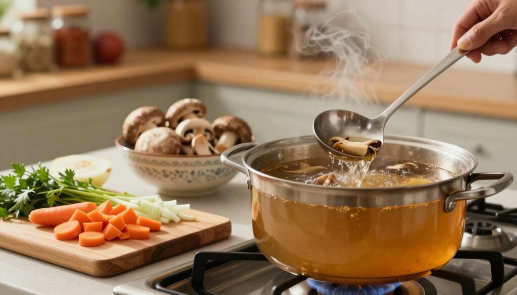 A warmly-lit kitchen scene focusing on a pot of homemade broth simmering on a stove. In the foreground, a wooden cutting board with freshly chopped vegetables - carrots, onions, and herbs - beside a ladle dipping into the bubbling pot, showcasing rich, golden-brown liquid. In the middle ground, a decorative bowl filled with a variety of mushrooms, hinting at their integral role in the soup. The background features soft-focus kitchen shelves lined with spices and jars, emphasizing a cozy home-cooking atmosphere. The lighting is soft and inviting, creating a warm ambiance that evokes comfort and flavor. The angle captures the essence of cooking, drawing viewers in, perfect for illustrating the process of making mushroom soup from scratch using delicious homemade broth. A warmly-lit kitchen scene focusing on a pot of homemade broth simmering on a stove. In the foreground, a wooden cutting board with freshly chopped vegetables - carrots, onions, and herbs - beside a ladle dipping into the bubbling pot, showcasing rich, golden-brown liquid. In the middle ground, a decorative bowl filled with a variety of mushrooms, hinting at their integral role in the soup. The background features soft-focus kitchen shelves lined with spices and jars, emphasizing a cozy home-cooking atmosphere. The lighting is soft and inviting, creating a warm ambiance that evokes comfort and flavor. The angle captures the essence of cooking, drawing viewers in, perfect for illustrating the process of making mushroom soup from scratch using delicious homemade broth.