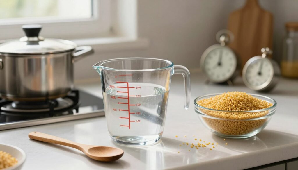 A well-organized kitchen countertop featuring a clear measuring cup filled with water, surrounded by grains of bulgur in a bowl, conveying perfect proportions for cooking. In the foreground, a wooden spoon rests next to the measuring cup, representing the act of preparing. In the middle, the scene showcases simple kitchen utensils like a pot and a timer, highlighting the cooking process alongside a visual guide. The background captures soft, natural light coming through a nearby window, creating a warm, inviting atmosphere that embodies culinary creativity. The focus should be sharp, emphasizing the clarity of the water's proportions against a slightly blurred kitchen backdrop, evoking a sense of calm and efficiency in cooking.