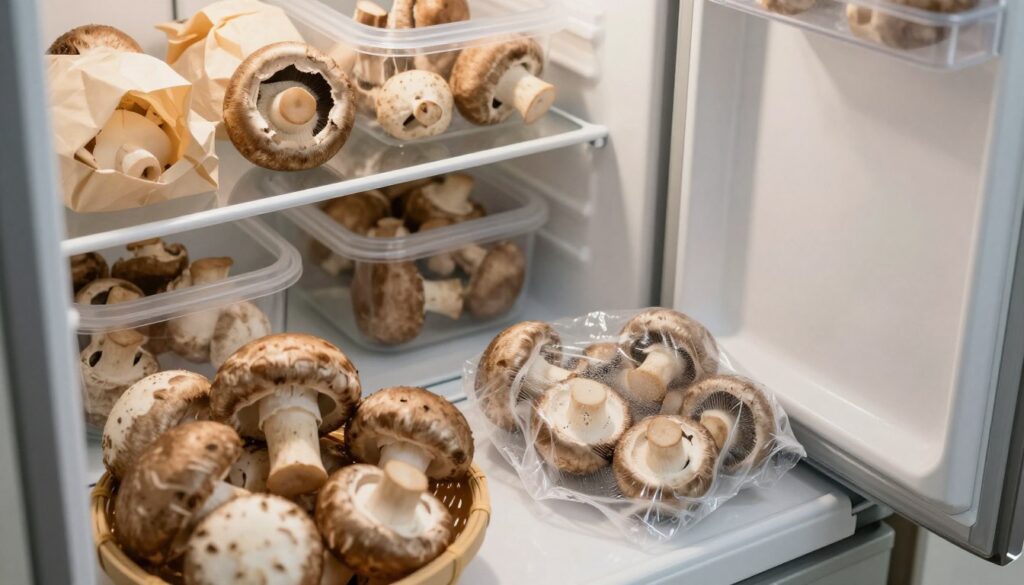 A well-organized kitchen countertop scene, featuring a variety of fresh mushrooms in different stages of storage, emphasizing improper storage methods that lead to decay. In the foreground, display a small basket overflowing with brown and white mushrooms, with some showing signs of browning and sliminess. The middle ground can showcase an open fridge with mushrooms stored improperly in plastic wrap, surrounded by condensation. In the background, a shelf filled with various storage methods, like paper bags and containers, highlighting both good and bad practices. Use soft, natural lighting to create a warm, homey atmosphere, while maintaining a clear focus on the mushrooms and their condition. The angle should be slightly overhead, capturing depth and context in the kitchen environment.