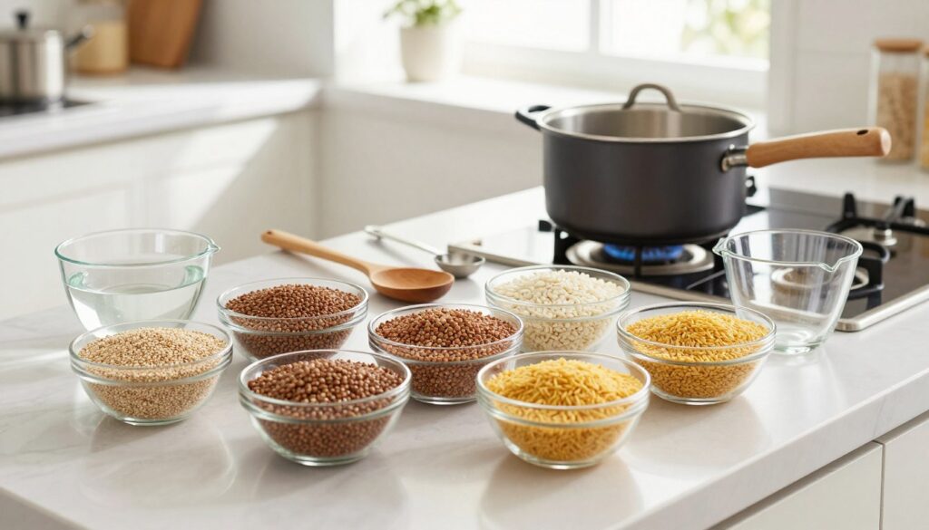 A well-organized kitchen countertop set up for preparing to cook porridge. In the foreground, an assortment of ingredients is neatly arranged, including different types of grains like quinoa, buckwheat, and bulgur, along with bowls of water and measuring cups. In the middle, there are utensils such as a wooden spoon, a measuring spoon, and a pot, all ready for use. The background features a bright, airy kitchen with natural light streaming in through a window, highlighting the freshness of the ingredients. The atmosphere is warm and inviting, invoking a sense of eagerness to start cooking. The scene should focus on the preparation process, ensuring a clean and professional appearance, with no people present.