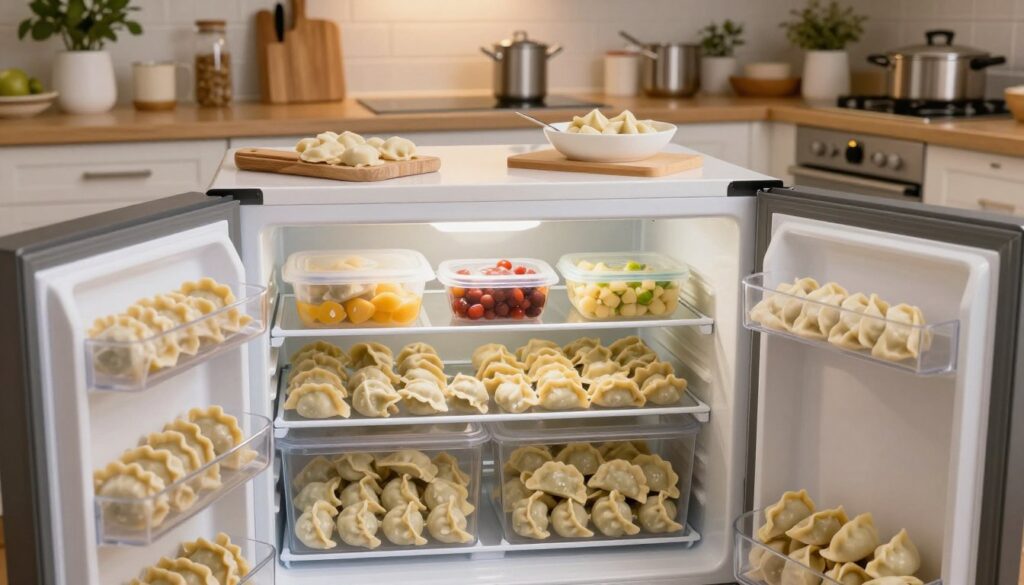 A well-organized kitchen scene featuring a modern freezer prominently in the foreground, filled with various types of pierogi. In the freezer compartment, showcase raw, cooked, and blanched pierogi neatly arranged in individual containers and freezer bags for easy access. Soft, inviting lighting illuminates the scene, highlighting the textures of the dumplings. The middle layer includes a countertop with additional cooking utensils and a bowl of pierogi ready for freezing. The background features a beautifully organized kitchen space with a hint of warm wood tones and stainless steel appliances. The atmosphere is cozy and practical, conveying a sense of home cooking and meal preparation. The angle should capture a wide view, focusing on the contents of the freezer while emphasizing the overall kitchen environment.